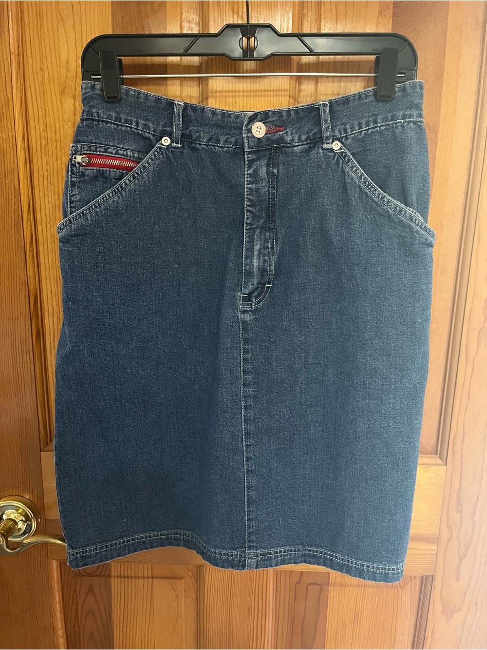 Gloria Vanderbilt Indigo Denim Midi Skirt with Red Zip Pocket